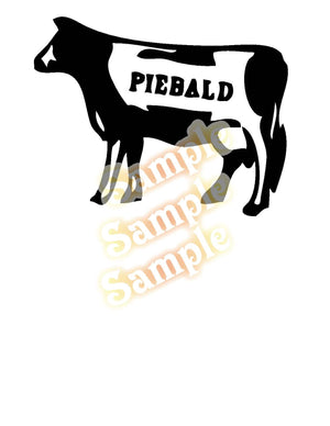 Piebald cow decal, black-and-white graphic with PIEBALD text