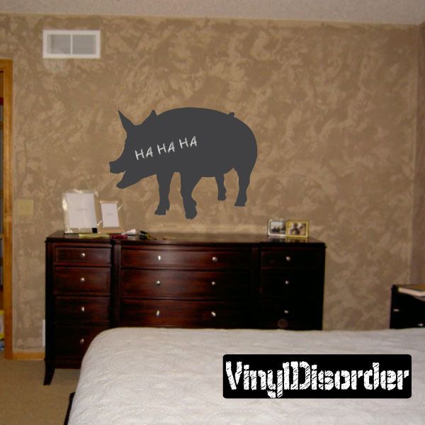 Pig eating chalkboard wall decal, dark pig silhouette with white chalk-style text