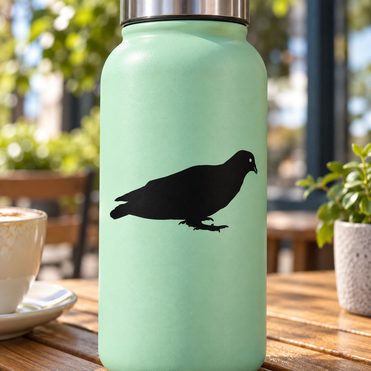 Black squatting pigeon decal on mint jar