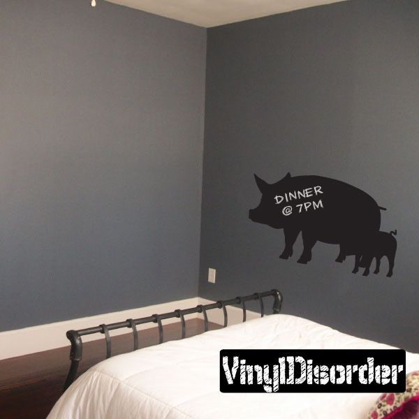 Pig chalkboard wall decal with “DINNER @ 7PM” on black pig silhouette