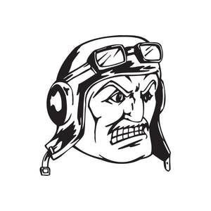 Helmeted soldier face decal with grinning moustache, black and white line art