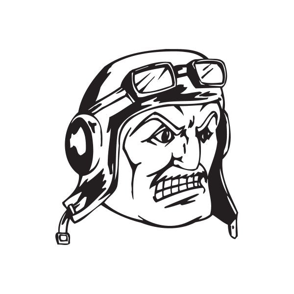 Helmeted soldier face decal with grinning moustache, black and white line art