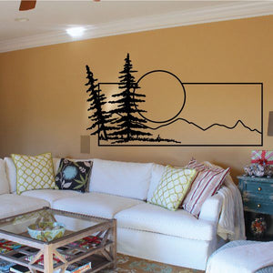 Pine tree and sunset wall decal with black landscape silhouette on a rectangle