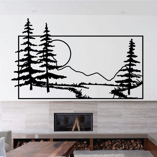 Vinyl wall decal showing black pine trees with mountain landscape and curved sun line