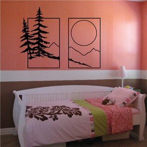 Vinyl wall decal set with black pine trees and sunset landscape in rectangular panels