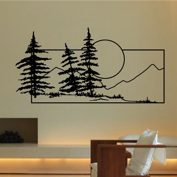 Pine trees sunset wall decal in black line art with mountains and sun circle