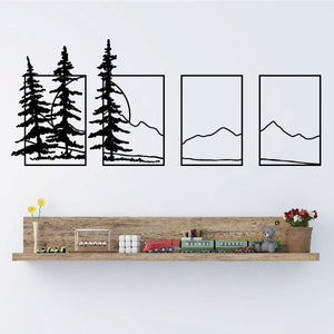 Pine tree wall decal set with three landscape panels and sunset mountains, black outlines