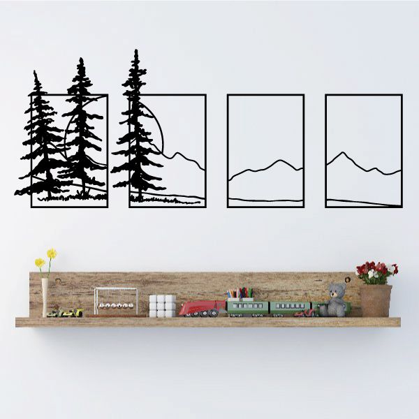 Pine tree wall decal set with three landscape panels and sunset mountains, black outlines