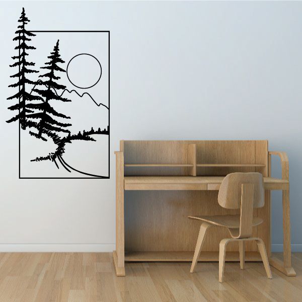 Vinyl wall decal featuring black pine trees, mountains, and a circle sun.