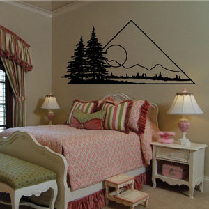 Pine tree and sunset pyramid wall decal, black landscape silhouette with circular moon