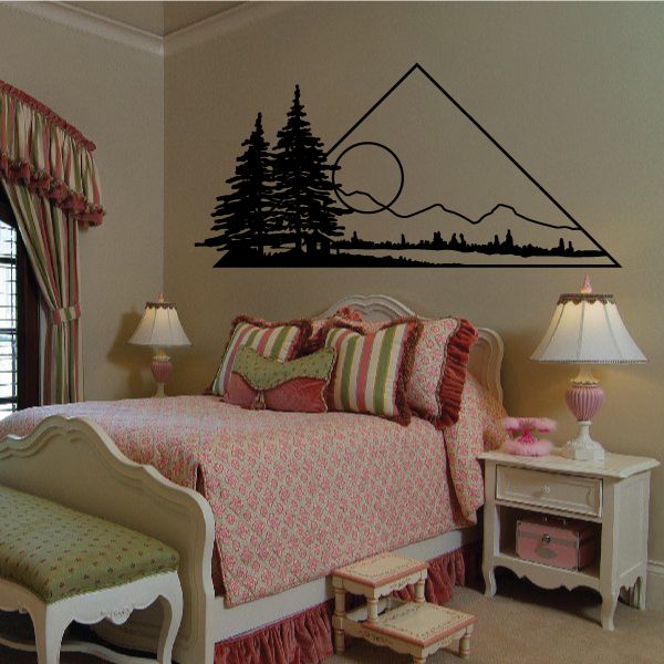 Pine tree and sunset pyramid wall decal, black landscape silhouette with circular moon