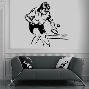 Ping pong player decal with black silhouette holding a paddle and ball