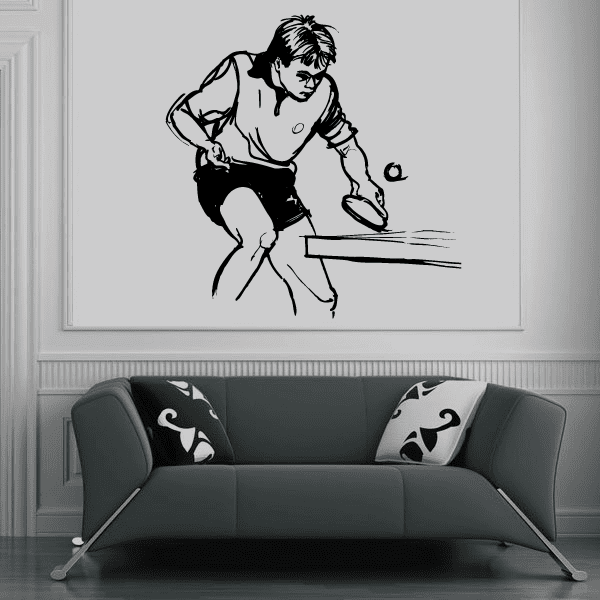 Ping pong player decal with black silhouette holding a paddle and ball
