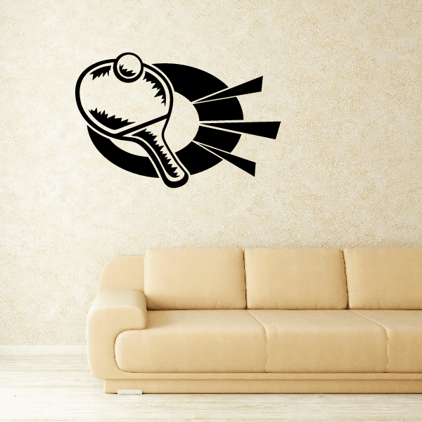 Ping pong racket wall decal with black racket and white ball graphic.