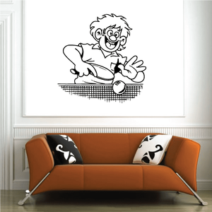 Ping pong player wall decal, cartoon line art with paddle and ball