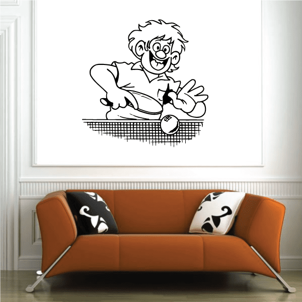 Ping pong player wall decal, cartoon line art with paddle and ball
