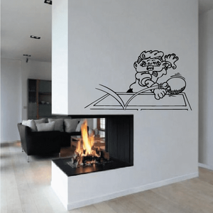 Ping pong wall decal with cartoon player hitting a ball above an open book