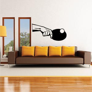 Ping pong wall decal with black paddle silhouette and white ball