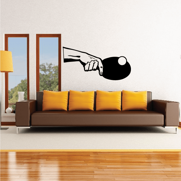 Ping pong wall decal with black paddle silhouette and white ball