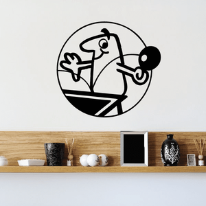 Ping pong wall decal: black circular player with paddle and ping pong ball