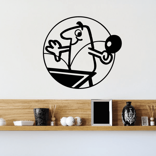 Ping pong wall decal: black circular player with paddle and ping pong ball