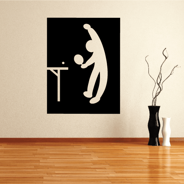 Ping pong vinyl wall decal of white player with paddle and table on black square