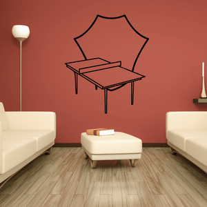 Ping pong table wall decal in black line art with net and paddles