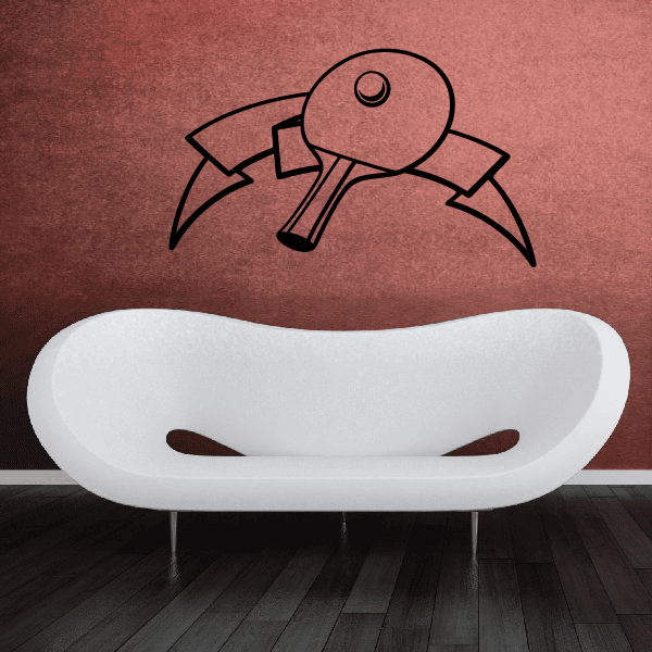 Ping pong wall decal vinyl sticker showing cartoon paddle, ball, and net table