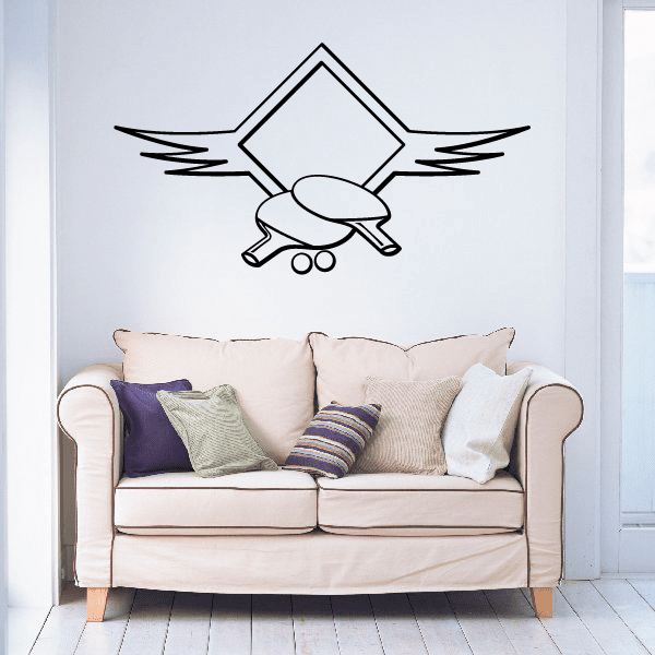 Ping pong wall decal in vinyl, with paddle, ball and winged emblem