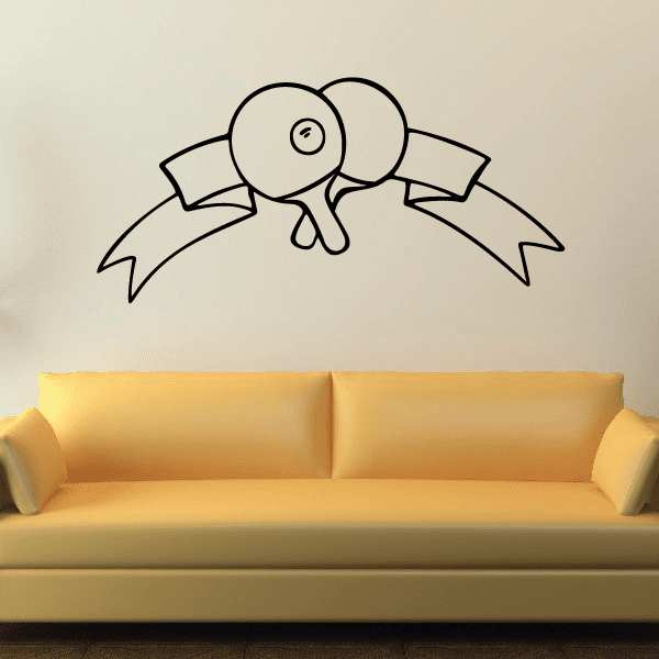 Ping pong wall decal showing two paddles and a ball, vinyl line art