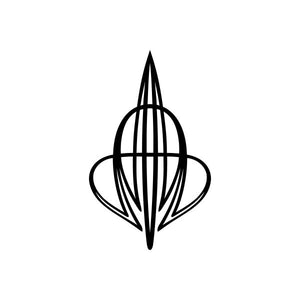 Car window vinyl decal, black stylized pinstripe emblem with vertical line bars
