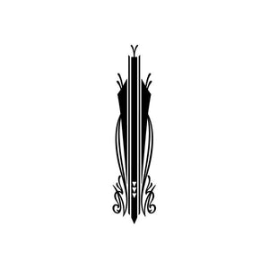 Black vertical pinstripe vinyl decal sticker with crest-like flame shape