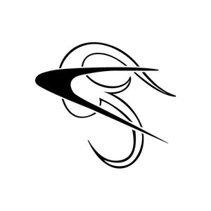 Car window vinyl decal with black and white abstract racing swoosh
