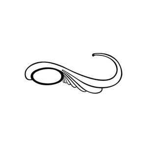 Pinstripe car window vinyl decal with black swirl and pinstriped oval