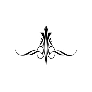 Black decorative pinstripe-style car window vinyl decal with central fleur and scrolls
