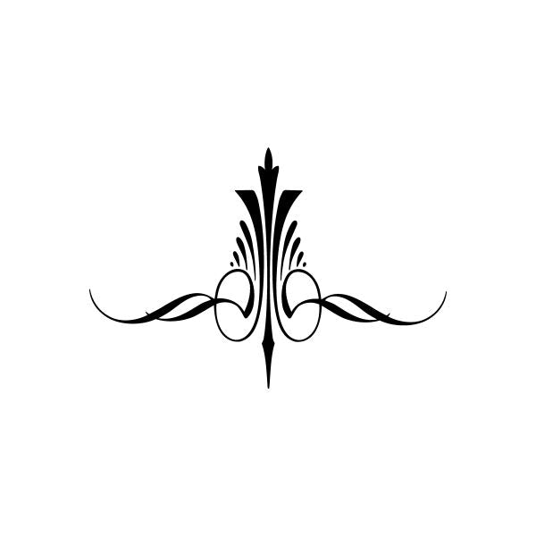 Black decorative pinstripe-style car window vinyl decal with central fleur and scrolls