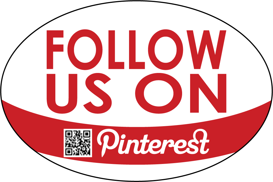 Red Follow Us On Pinterest sticker with QR code and Pinterest logo