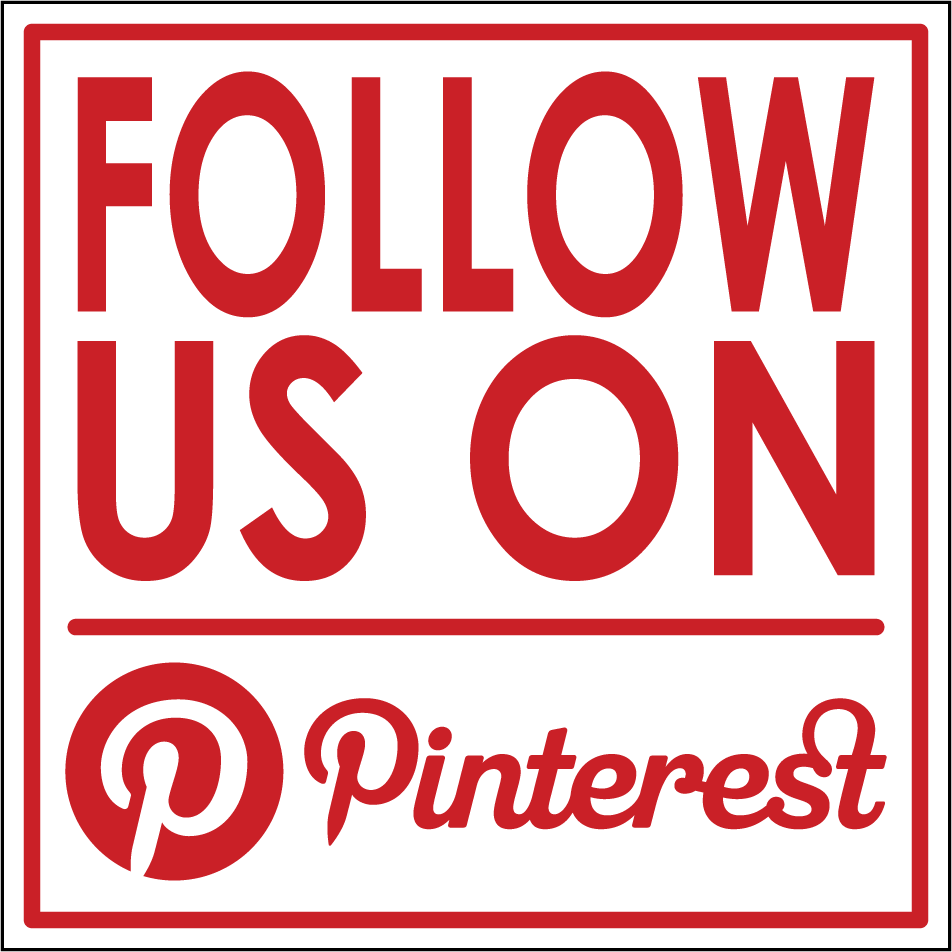 Square Pinterest sticker with red border and text reading "FOLLOW US ON Pinterest"