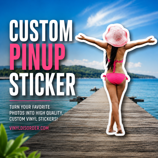 Custom pinup sticker featuring a woman in a pink bikini and cap, arms out, white outline