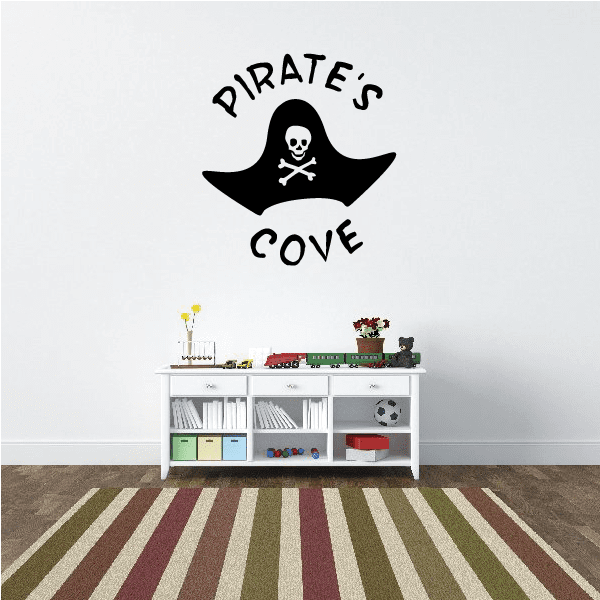 Pirate cove decal with black skull and crossbones and arched text 'PIRATE'S COVE'