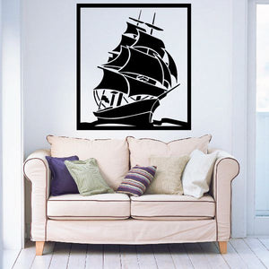 Pirate ship wall decal, black pirate ship in square border