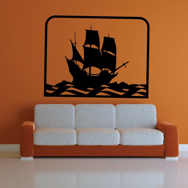 Pirate ship wall decal vinyl with black ship silhouette and waves in a rounded rectangle