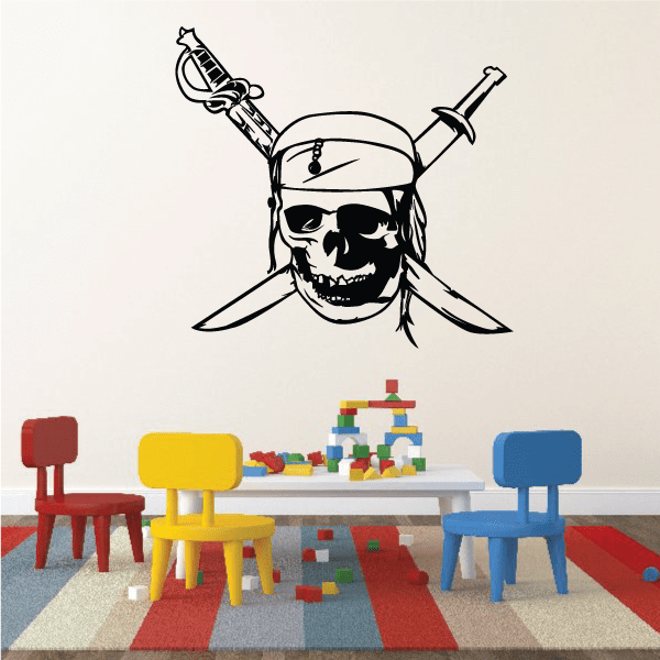 Pirate skull decal with hat and crossed pistols illustration, black outline on white