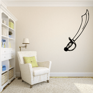 Pirate sword wall decal with curved cutlass design, black outline