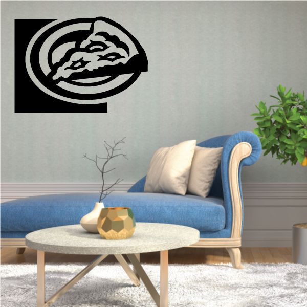 Pizza slice wall decal with bold black outline on light wall
