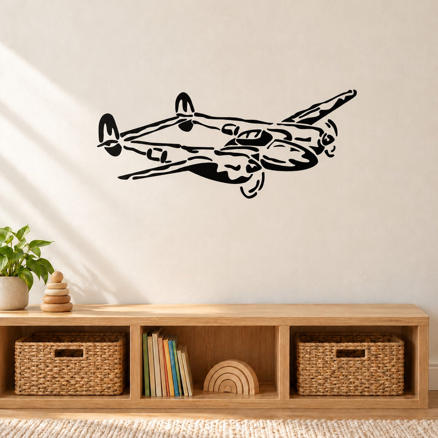 P-38 Lightning plane wall decal, black graphic of aircraft silhouette