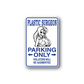 Rectangular blue parking only sticker with Plastic Surgeon text and warning