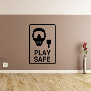 Vinyl wall decal sign with black border, face mask icon, and text “PLAY SAFE”