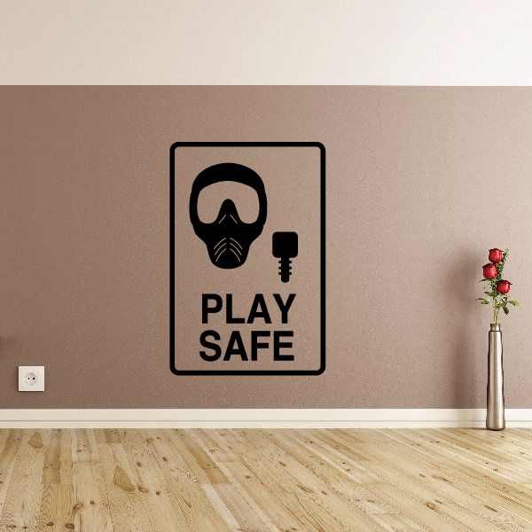 Vinyl wall decal sign with black border, face mask icon, and text “PLAY SAFE”