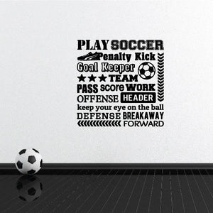 Soccer wall decal with bold text and a black-and-white soccer ball